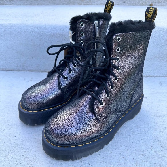 Dr. Martens Shoes - Dr. Marten Jadon Distressed Metallic Fur Lined Boots 9 Crackle Leather Platforms